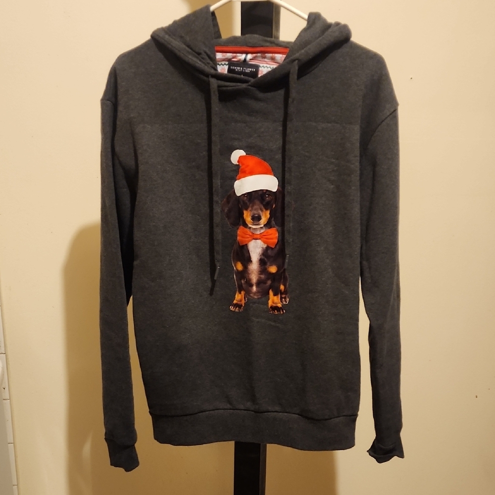 Denim & Flower Charcoal Sweater with Festive Dog Design